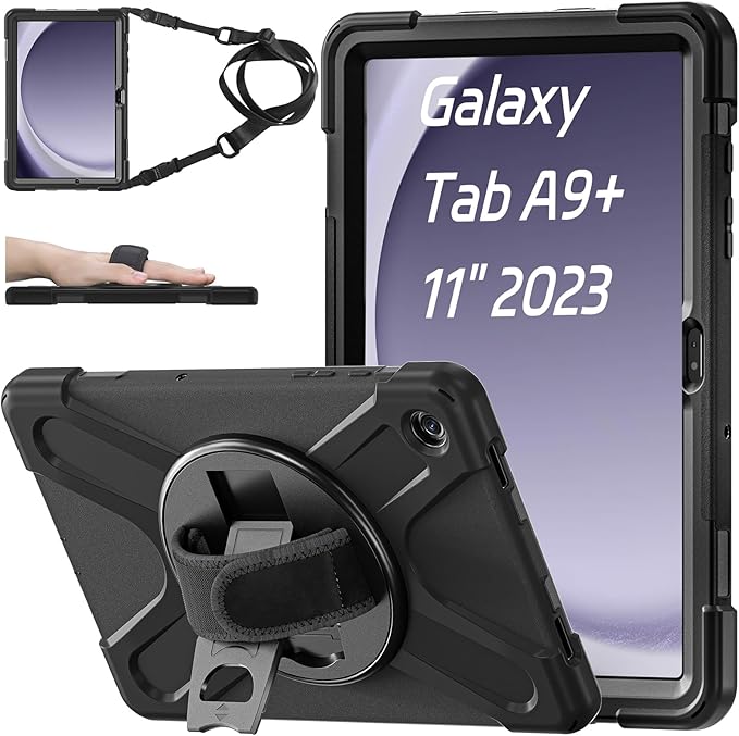 ZenRich Rugged Case for Samsung Galaxy Tab A9+/ A9 Plus Tablet 11”(SM-X210/SM-215/SM-X216) Heavy Duty Full-Body Shockproof Case w/ 360 Rotating Stand, Hand/Shoulder Strap for Galaxy Tab A9+/A9 Plus