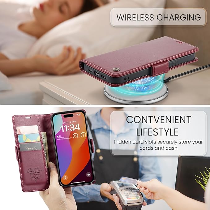 SINIANL Leather Wallet Case for iPhone 15 Pro Max with RFID Blocking, Card Holder, Kickstand, Magnetic Closure - Red