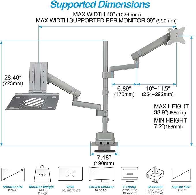 AVLT Laptop & 40 Inch Monitor Arm Pole Top Mount with USB-C USB-A Ports-Gray, VESA Compatible, Supports 26.4 lbs (12 kg), Ultrawide Screen Fit, Adjustable Height, Tilt Swivel Rotate, Cable Management