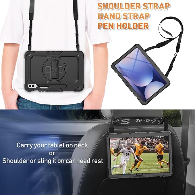Timecity Case for Samsung Galaxy Tab S10 Plus/ S9 FE Plus/ S9 Plus 5G Tablet 12.4'' Case - Heavy Duty Protective Cover with Screen Protector, Stand, Shoulder Strap & S Pen Holder, Kids-Friendly, Black