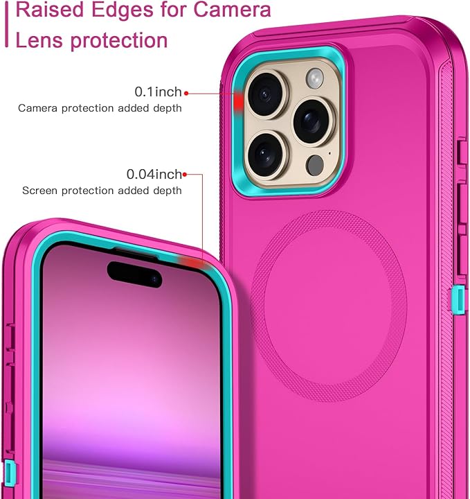 for iPhone 16 Pro Case [Compatible with MagSafe] Shockproof 3-Layer Full Body Protection [Without Screen Protector] Rugged Heavy Duty Cover Case for Apple iPhone 16 Pro 6.3",Rose Red/Green