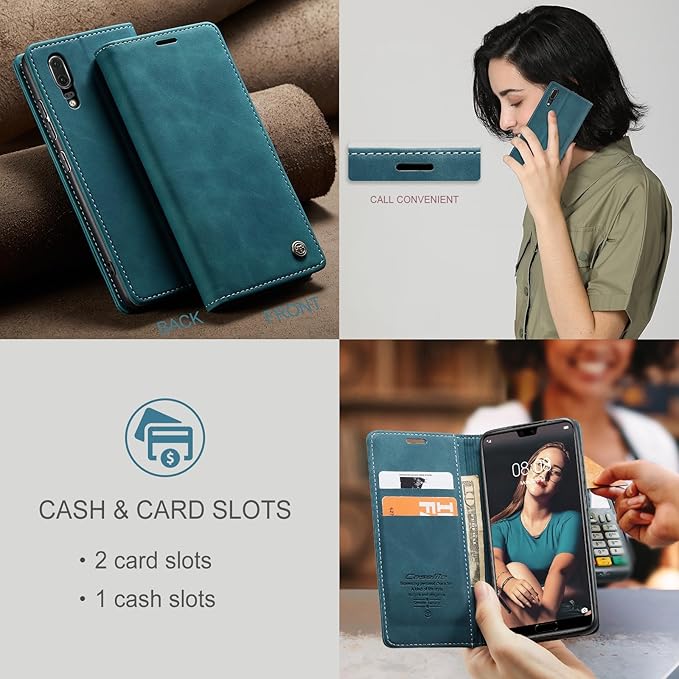 for Huawei P20 Case, Flip Wallet Leather Case with Card Holder Magnetic Closure Shockproof Kickstand Protective Phone Cases Cover for Huawei P20,Blue-Green