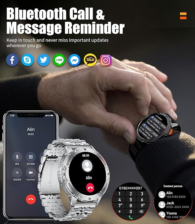 Smart Watches for Men(3 Straps),1,43'' AMOLED Military Smart Watch for Men with LED Flashlight/530mAh Large Battery/5ATM Waterproof,Fitness Tracker Smartwatch with Answer/Make Call Silver