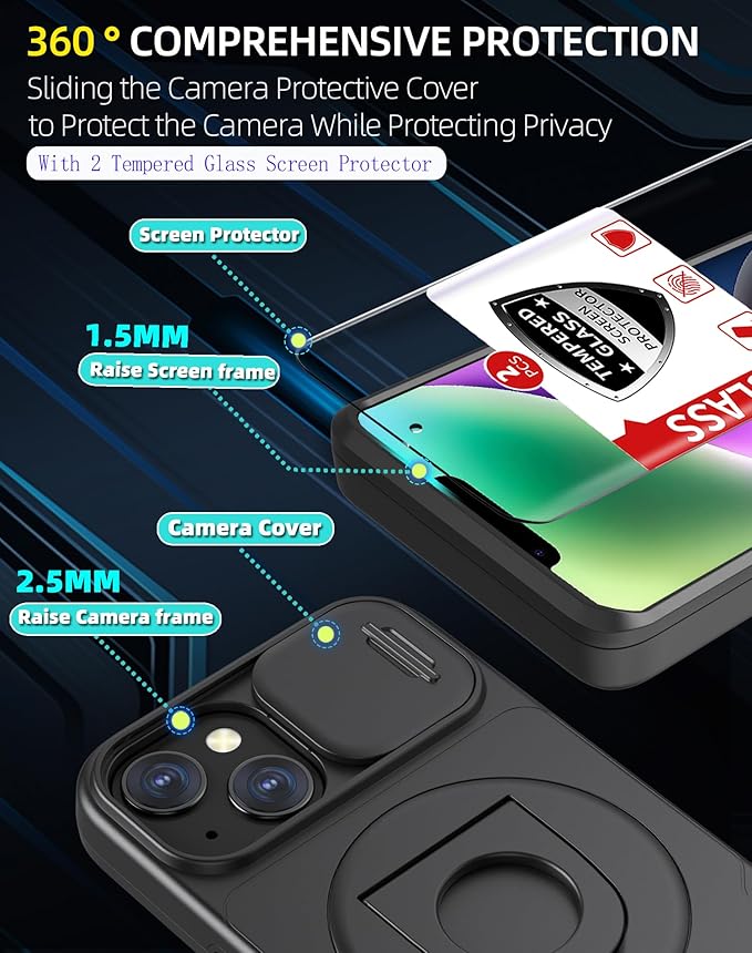 for iPhone 13 Case/for iPhone 14 Case Compatible with MagSafe Magnetic,with 2 Screen Protectors,with Camera Cover+Stand Ring,Military Grade Shockproof Heavy Duty Protection Phone Bumper Black