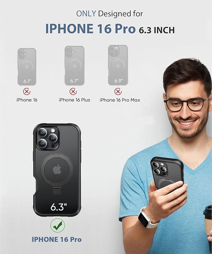 Compatible with iPhone 16 Pro Case, Built-in Screen Protector & Seamless Stand, with Camera Lens Protector, Strong Magnetic Matte Phone Case, Full Body Protective Cover for 6.3 Inch (Black)