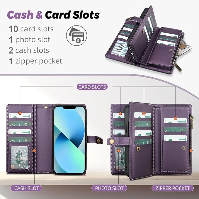 TwoHead Designed for iPhone 13 Wallet Case with Card Holder,Detachable Magnetic Phone Case with Wallet PU Leather Wallet Phone Case for iPhone 13 Case Wallet for Women/Men with Wrist Strap,Deep Purple