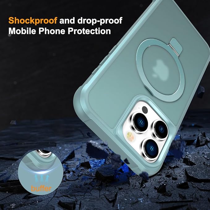 Magnetic Compatible with iPhone 16 Pro Case with Stand [Military Grade Drop Tested][Compatible with Magnet] Ring Translucent Slim Hard Back Soft Edge, Teal Green