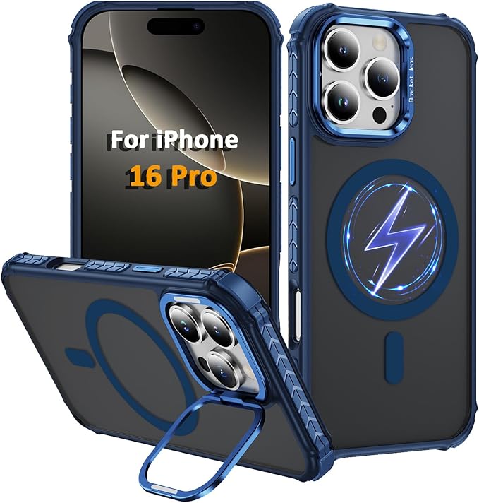 Magnetic for iPhone 16 Pro Case Blue with MagSafe Wireless Charging Heavy Duty Military-Grade Shockproof Protection Adjustable Kickstand Slim Matte Anti-Fingerprint Cover Men Women