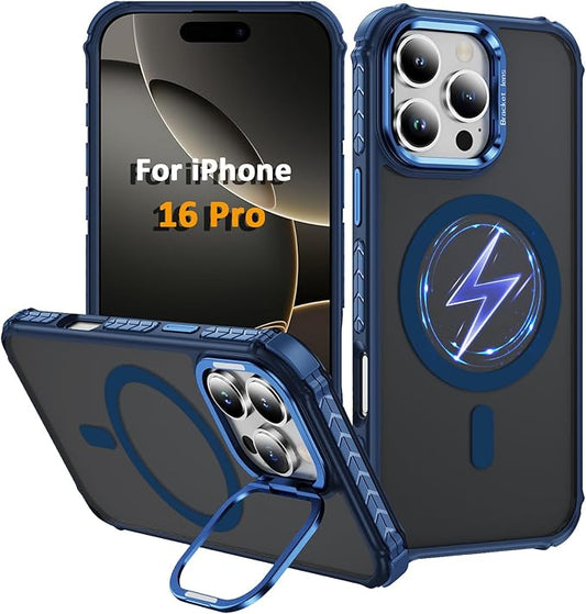 Magnetic for iPhone 16 Pro Case Blue with MagSafe Wireless Charging Heavy Duty Military-Grade Shockproof Protection Adjustable Kickstand Slim Matte Anti-Fingerprint Cover Men Women