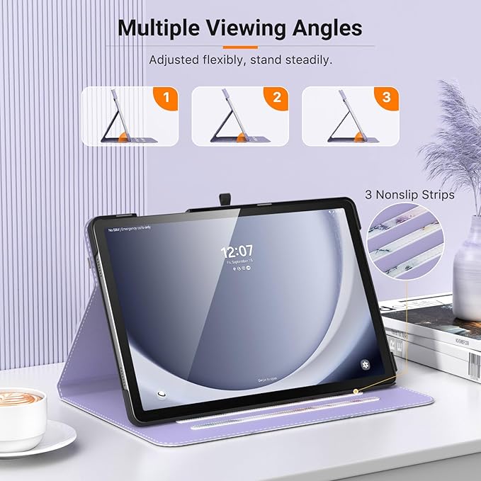 MoKo Case for Samsung Galaxy Tab A9 Plus 11" 2023 (SM-X210/SM-X216/SM-X218), PU Leather Multi-Angle Viewing Folding Stand Cover Case with Hand Strap, Front Pocket, Auto Wake/Sleep, Purple Marble