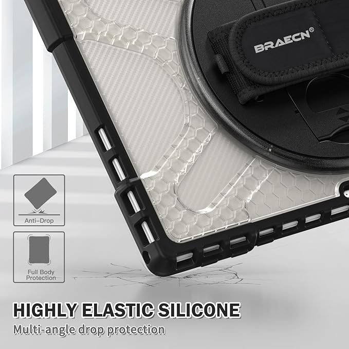 BRAECNstock for Microsoft Surface Pro 7+ Plus/ 7/6/ 5/4 Case 12.3 inch, Rugged Protective Cover with 360° Rotating Hand Strap & Stand, Pencil Holder, Compatible with Type Cover Keyboard, Clear