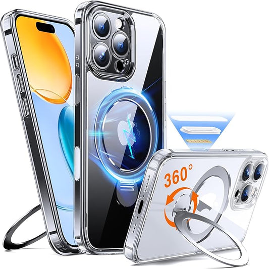 360° O-Ring MagStander for iPhone 16 Pro Case with Magnetic Kickstand Ring Holder [Compatible with MagSafe][360°Rotate Stand Ring][Military Shockproof] iPhone 16 Pro Phone Cover Clear