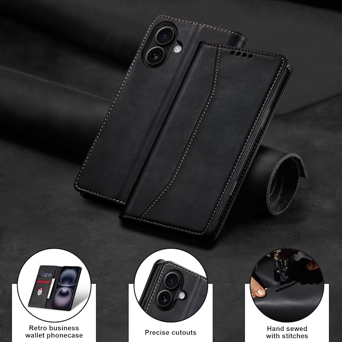 Jasonyu Flip Wallet Case for iPhone 16 Plus,Leather Magnetic Folio Cover with Card Holder,Kickstand - TPU Shockproof Durable Protective Phone Case,Black