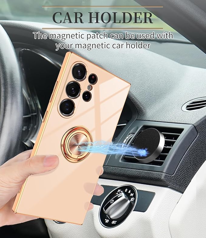 Dinick Pink for Samsung Galaxy S24 Ultra Case with Ring Holder Kickstand [with Magnetic] Soft TPU Bumper, Glitter Gold Electroplated Cover Slim Thin Protective Phone Case for Galaxy S24 Ultra