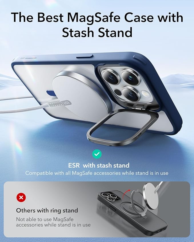 ESR for iPhone 14 Pro Max Case, Compatible with MagSafe, Built-in Camera Ring Stand, Military-Grade Protection, Magnetic Phone Case for iPhone 14 Pro Max, Classic Kickstand Case (HaloLock), Clear Blue