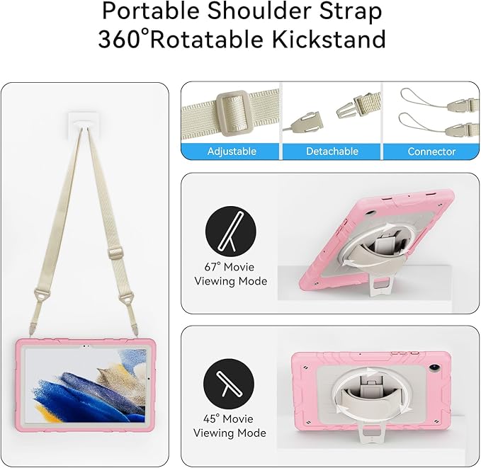 for Samsung Galaxy Tablet A8 Case 10.5 inch 2022 SM-X200/X205/X207 with Screen Protector [360 Rotating Stand] &Hand Shoulder Strap Shockproof Rugged Protective Cover|Pink&Beige
