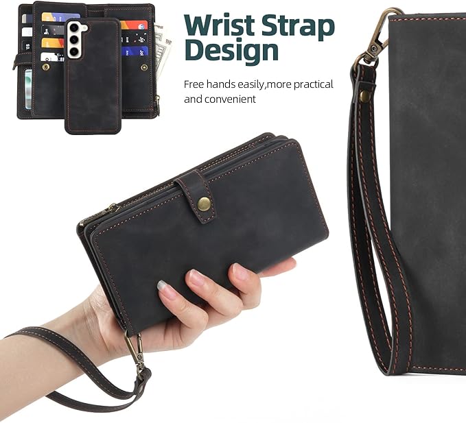 TwoHead for Samsung Galaxy S23 Wallet Case with Card Holder & Detachable Magnetic Phone Case for S23 6.1 inch,PU Leather Shockproof Protective Phone Case Wallet with Wrist Strap(Dream Black)