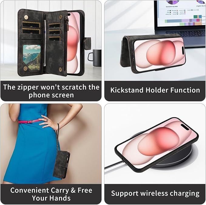 Asuwish Phone Case for iPhone 15 6.1 inch Zipper Wallet Magnetic Cell Cover with Tempered Glass Screen Protector Crossbody Strap Flip Credit Card Holder iPhone15 5G i i-Phone i15 15Case Women Black