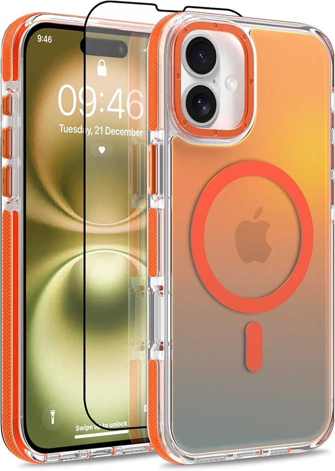 MOWIME Magnetic Case for iPhone 16 Plus [Compatible with Magsafe] [Cute Fashion Fluorescent Design] [1 Screen Protector] Slim Translucent Matte Case for iPhone 16 Plus 6.7" 2024, Orange