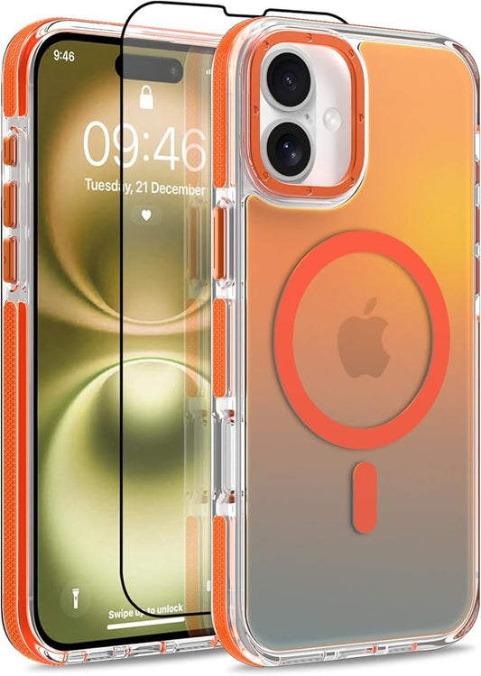 MOWIME Magnetic Case for iPhone 16 Plus [Compatible with Magsafe] [Cute Fashion Fluorescent Design] [1 Screen Protector] Slim Translucent Matte Case for iPhone 16 Plus 6.7" 2024, Orange