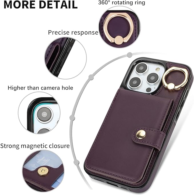 Compatible iPhone 16 Pro Wallet Case with Card Holder RFID Blocking PU Leather Doubles as a Wallet Unisex Flip Shockproof Protection with Card Slots Ring Wrist Kickstand Function,Purple