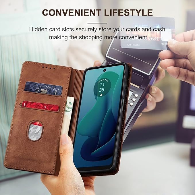 Jasonyu Flip Wallet Case for Moto G 5G (2024),Leather Magnetic Folio Cover with Card Holder,Kickstand - TPU Shockproof Durable Protective Phone Case,Brown