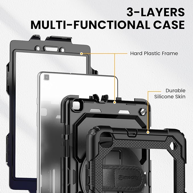 Timecity Case for Samsung Galaxy Tab A 8.0 2019 SM-T290/ T295/ T297, Full-Body Protective Case with Screen Protector, Swivel Stand/Handle Shoulder Strap Case for Kids Students, Black