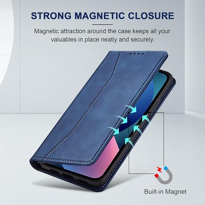 Jasonyu Flip Wallet Case for iPhone 13,Leather Magnetic Folio Cover with Card Holder,Kickstand - TPU Shockproof Durable Protective Phone Case,Blue