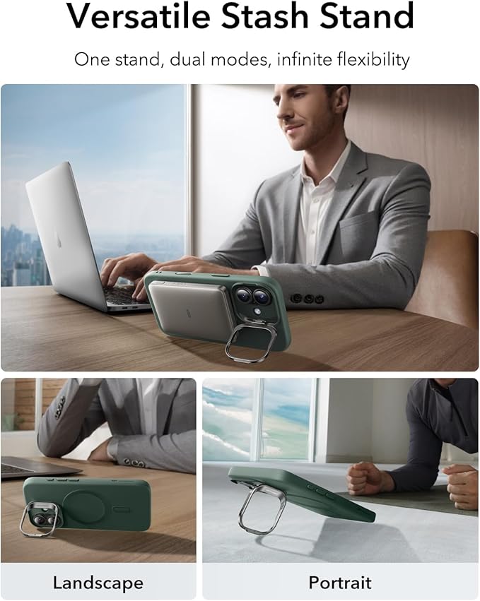 ESR Silicone Case for iPhone 17, Built-in Camera Stash Stand Compatible with MagSafe, Military-Grade Drop Protection Magnetic Phone Case for iPhone 17, Cloud Series, Olive Green