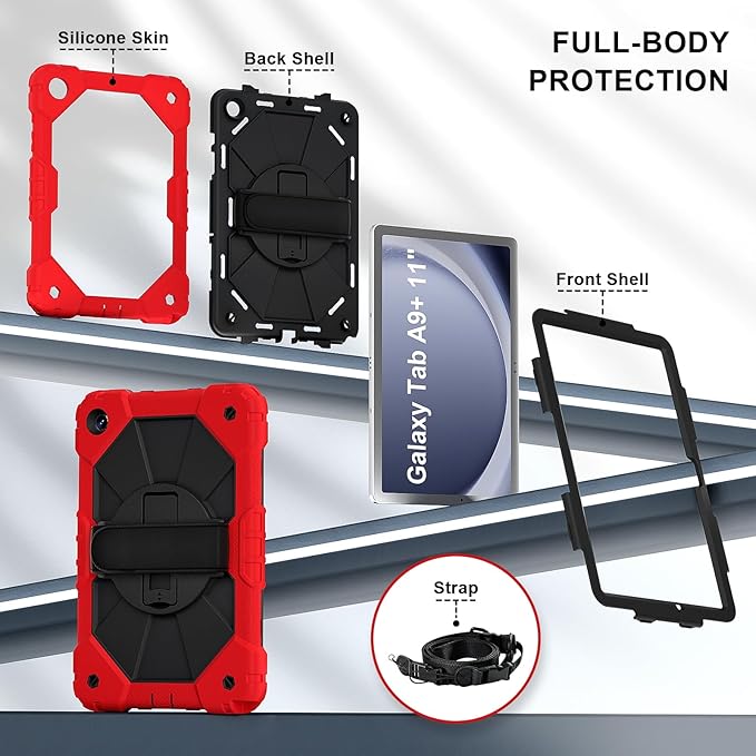 Case for Samsung Galaxy Tab A9+ 11 Inch 2023 (X210/X216/X218), Heavy Duty Shockproof Rugged 360 Rotating Hand Strap Protective Case for Galaxy Tab A9 Plus Tablet, Red+Black