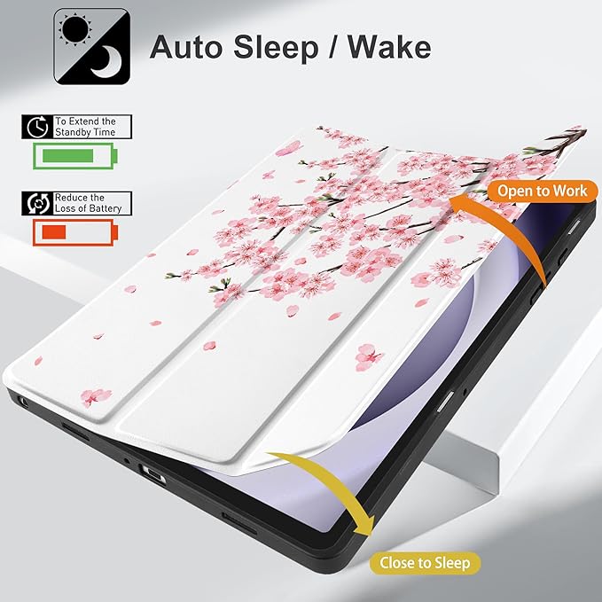 MEEgoodo Case for Samsung Galaxy Tab A9 Plus 11 inch Cover 2024 2023 with S Pen Holder, A9+ Smart Tablet Cases with Leather Trifold Stand+Soft TPU Back Shell+Smart Auto Wake/Sleep, Cherry Blossoms