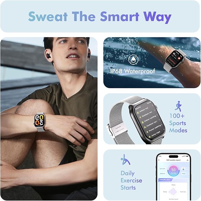 YMS Android Smart Watch for Women - Bluetooth Call,Compatible with Android & iOS，2.0" HD, Heart Rate/Sleep/Step Tracker, 100+ Sports Modes,IP68 Waterproof Men Fitness Tracker (Silver(Milanese))