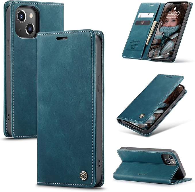 for iPhone 13 Case, Flip Wallet Leather Case with Card Holder Magnetic Closure Shockproof Kickstand Protective Phone Cases Cover for iPhone 13, Blue-Green