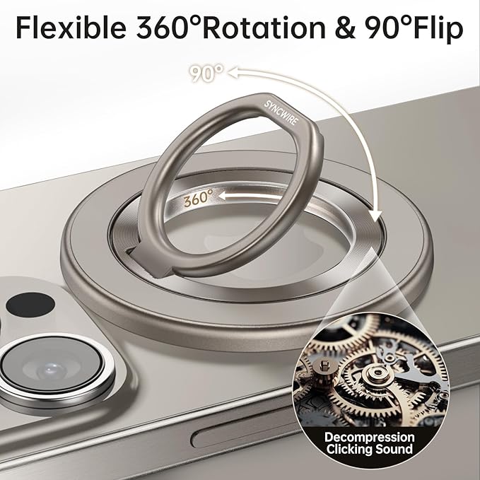Syncwire Magnetic Phone Ring Holder for MagSafe, Magnetic Ring Holder Cell Phone Grip Stand Finger Ring Kickstand with Two-Sided Magnetic Compatible iPhone 16 Pro Max 15 14 13 12 Android - Titanium