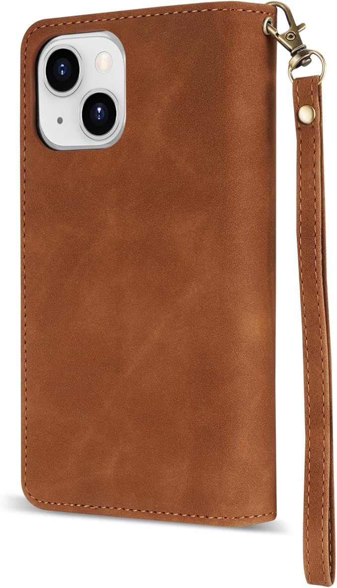 ZZXX for iPhone 14 Case Wallet with [RFID Blocking] Card Slot Premium Soft PU Leather Zipper Flip Folio with Wrist Strap Kickstand Protective Phone Cover for iPhone 14 Wallet Case(Brown-6.1 inch)