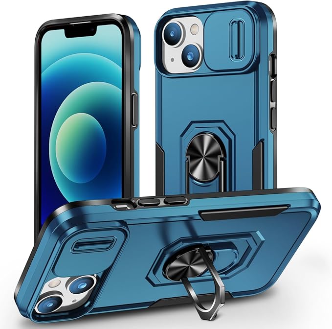 Phone Case for iPhone 14 Plus Case with Kickstand Ring Holder, with Camera Cover, with Magnetic Car Mount Function, for iPhone 14 Plus - Blue