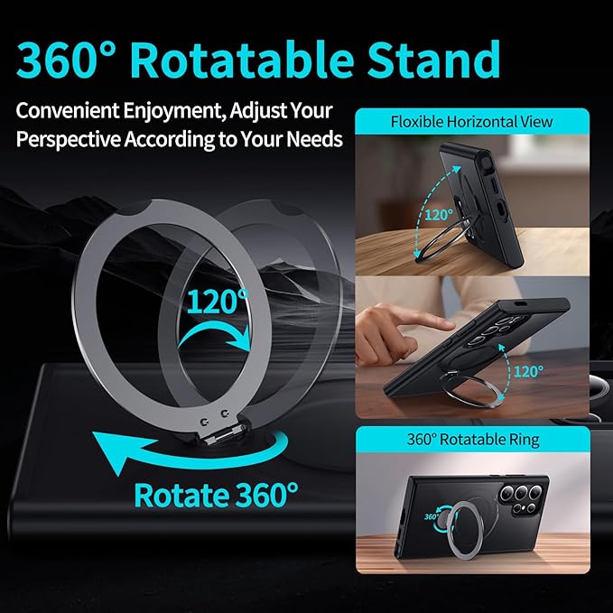 for Samsung Galaxy S24 Ultra Case,Compatible with Magsafe [Wireless Charging],with 360°Rotatable Magnetic Ring Stand,Matte Translucent Slim Soft Edge Phone Kickstand,Black