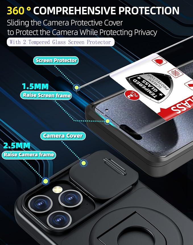 for iPhone 15 Pro Case Magnetic Compatible with MagSafe Wireless Charging with 2 Screen Protectors,Built-in Kickstand Ring Camera Heavy Duty Protection Military Grade Drop Shockproof Black