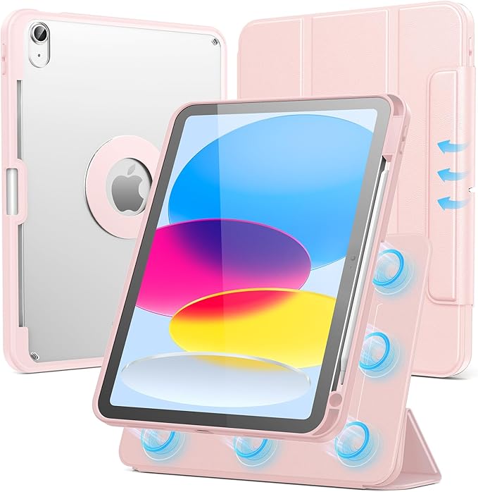 SPARIN Case for iPad A16 11th/10th Generation 2025/2022 (11"/10.9") with Pencil Holder, Magnetic Detachable Hybrid Stand, Portrait/Landscape Angle, Clear Protective Case, Auto Wake/Sleep-Pink