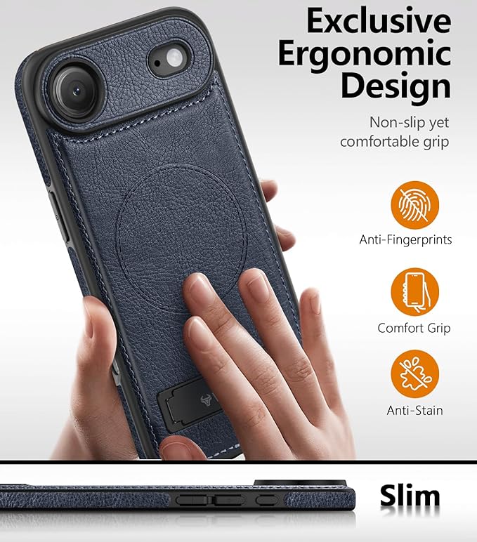 Magnetic for iPhone Air Leather Case,Built-in Invisible Stand [Compatible with Magsafe] Protective Slim Kickstand Phone Cover for iPhone Air Case,Blue