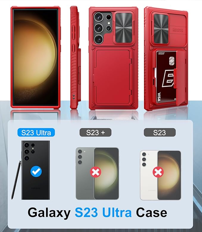for Samsung Galaxy S23 Ultra Case with Card Holder (Store 4-5 Cards) & Slide Camera Cover & Kickstand, Military Grade Drop Protection, Shockproof Wallet Cases for Samsung S23 Ultra, Red