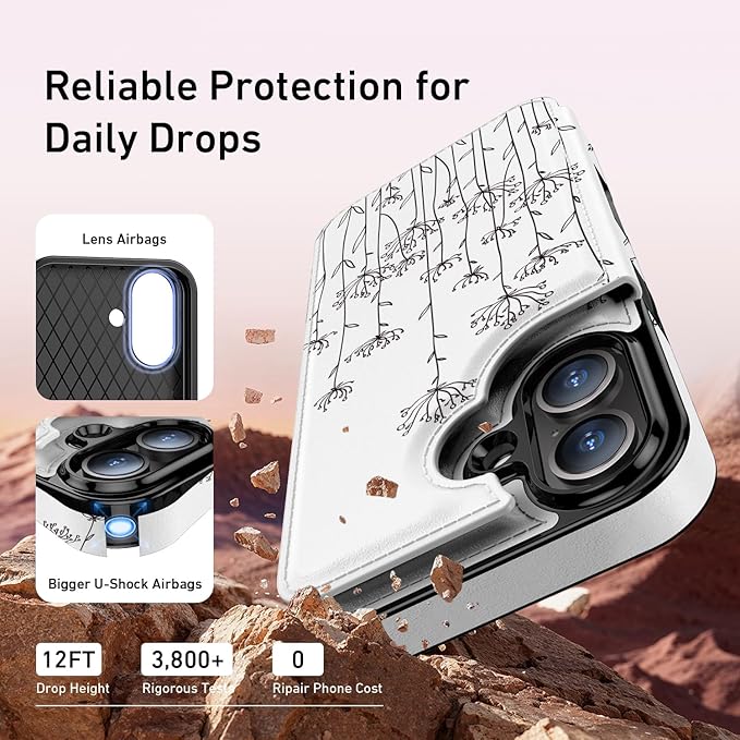 FUNMIKO for iPhone 16 Wallet Case with Card Holder, RFID-Blocking, Military-Grade Protection & UV-Printed Artwork, Magnetic Closure with Leather Kickstand - Elegantly Sketched Flower