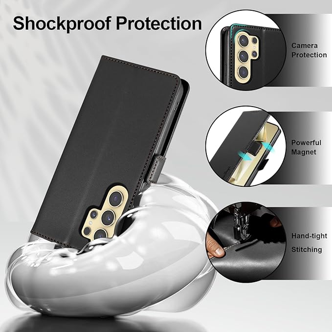 Wallet Flip Case for Samsung Galaxy S24 Ultra 5G - [RFID Blocking] Luxury PU Leather Card Holder Magnetic Phone Cover with Kickstand,Shockproof Protective Case,Black