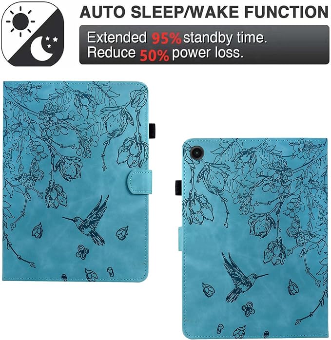 KEROM Case for Samsung Galaxy Tab A9+ Plus 11 Inch 2024 2023 (SM-X210/X216/X218), Embossed Suede Leather Folio Stand Cover with Auto Wake/Sleep & Card Slot & Pen Holder - Blue Bird Flower Embossing