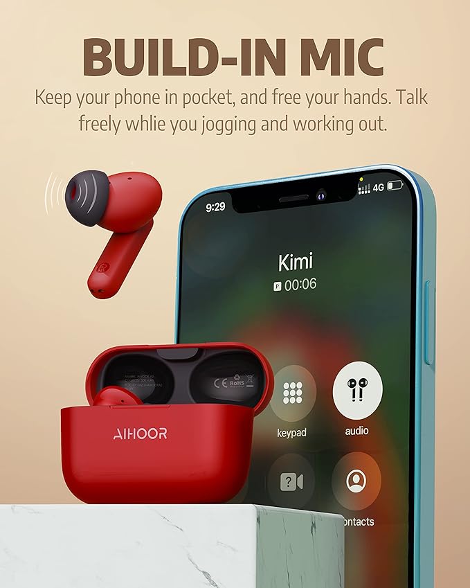 AIHOOR Wireless Earbuds for Music and Sports, Bluetooth 5.3 in-Ear Headphones with Extra Bass Built-in Mic Touch Control 30hr Battery Earphones, Waterproof (Red & Black)