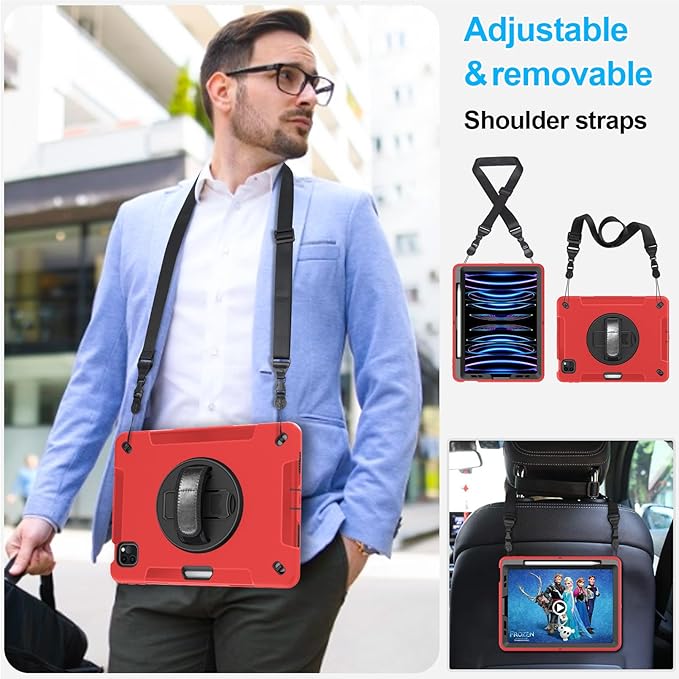 Case for iPad Pro 11 Inch 2022/2021/ 2020/2018: Cover for iPad 11 Inch 4th/ 3rd/ 2nd/ 1st Generation with Screen Protector- Stand- Handle- Shoulder Strap- Pencil Holder Red