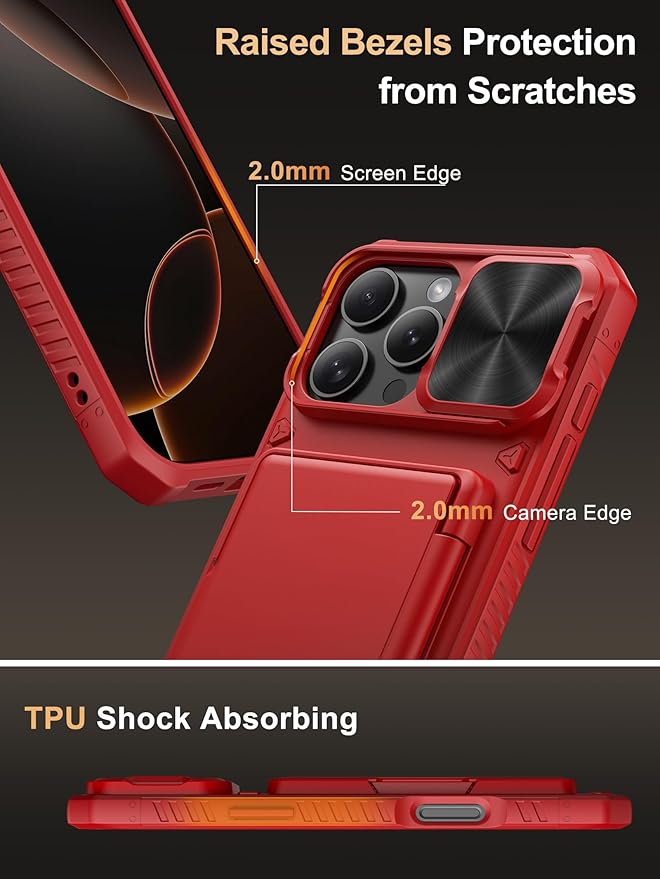 Vihibii for iPhone 16 Pro Max Wallet Case with Card Holder (4 Cards) [RFID Blocking] & Slide Lens Cover & Raised Edges Protect Screen, Shockproof Rugged Phone Cover for iPhone 16 Pro Max, Red