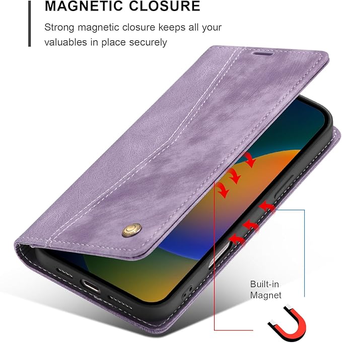 QLTYPRI for iPhone 16 Pro Case Wallet with Card Holder, Vintage PU Leather Kickstand Magnetic Closure Shockproof Folio Book Cover Case for iPhone 16 Pro - Retro Purple