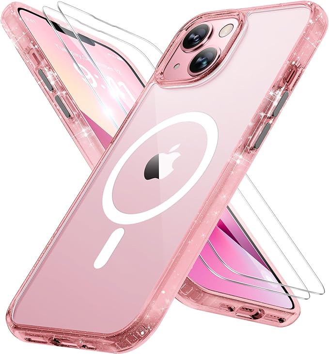 Miracase Magnetic for iPhone 13 Case 6.1 inch (Compatible with MagSafe)（with 2X Screen Protectors） Military-Grade Protection, Anti-Fingerprint Translucent Matte Phone Case Cover, Glitter Pink