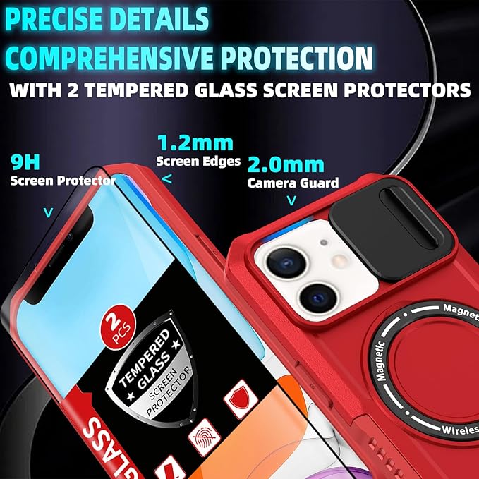for iPhone 11 Case Magnetic Compatible with MagSafe Wireless Charging,with 2 Screen Protectors,for 11 Case Built-in Kickstand+Camera Cover Anti-Scratch Shockproof Heavy Duty Protection Red